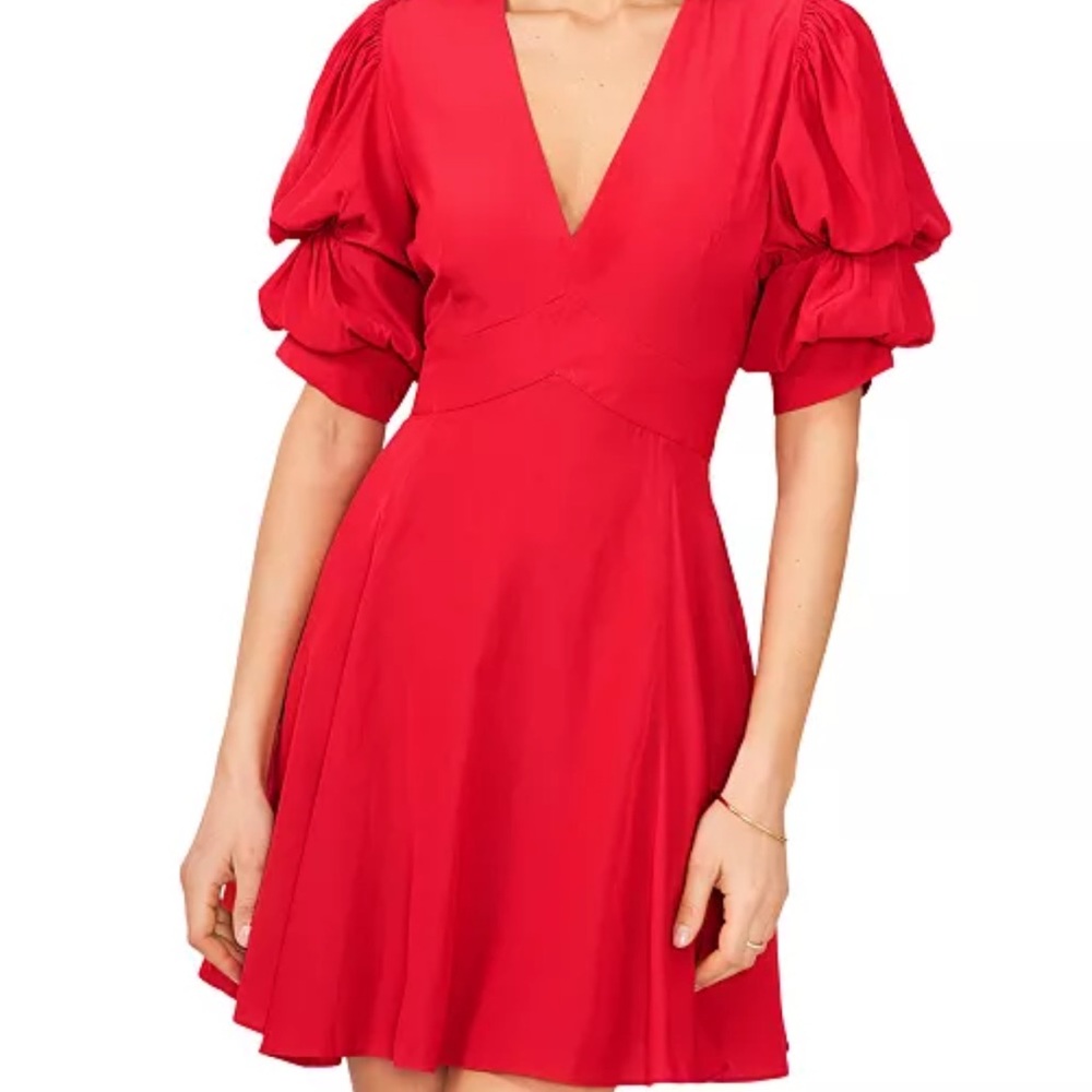 Elegant Red Puff Sleeve Dress